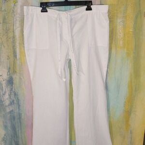 XL White Linen Cotton Wide Leg PANTS Women Resortwear Lounge pockets waist 36 38